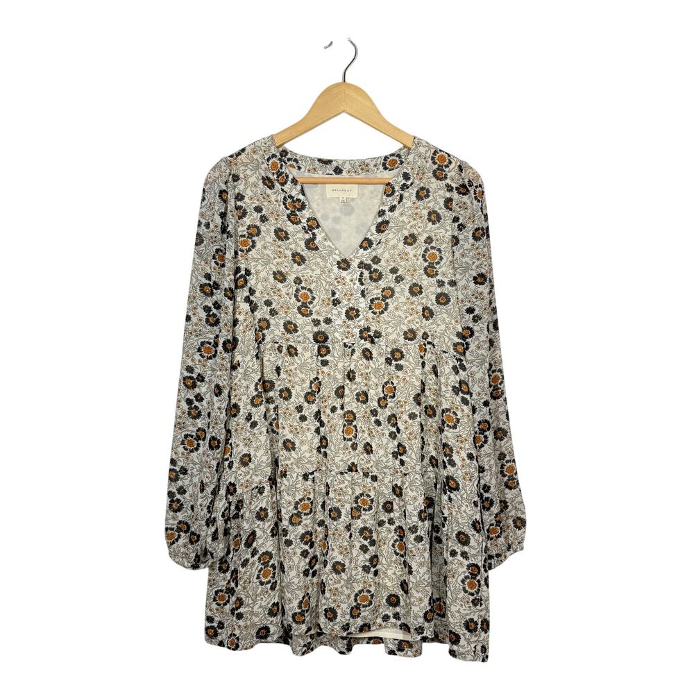 Melloday Babydoll Tunic Top Womens Size Small Tan Floral V-Neck Long Sleeve Boho